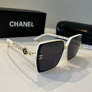CHANEL Women's White Sunglasses with Black Lenses